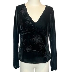 Anne Carson vintage black velvet floral embroidered long sleeve blouse M -flaw